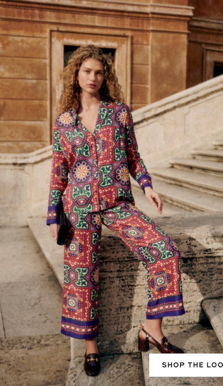 Sezane Pants 4 Christiano Twisty Paisley Print Satin Wide Leg Multi Artsy Chic
